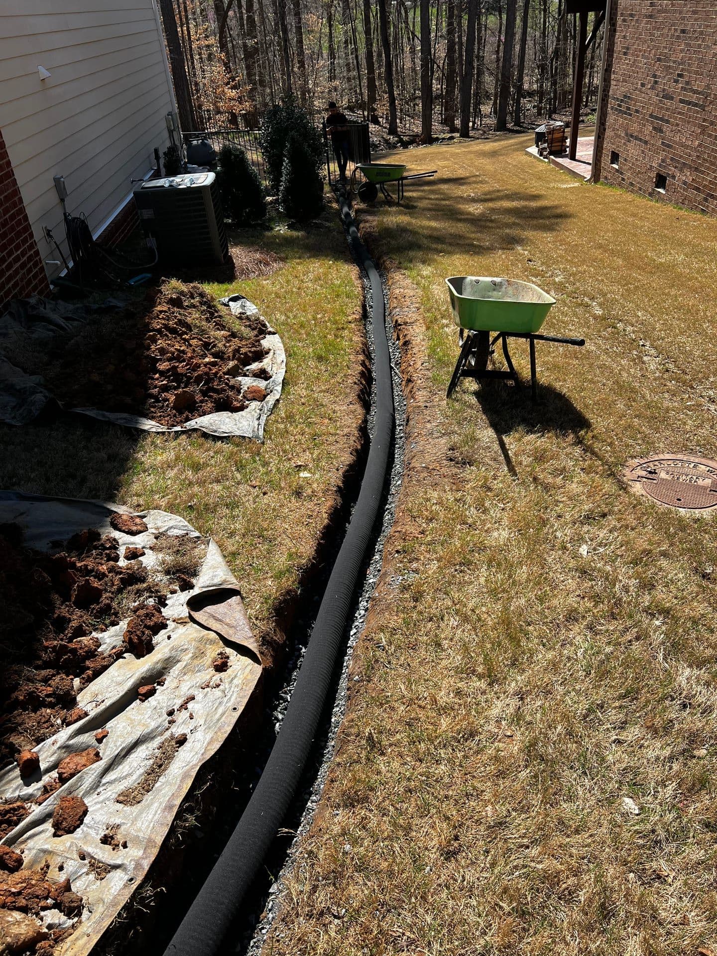 French drain trench and gravel bed installation